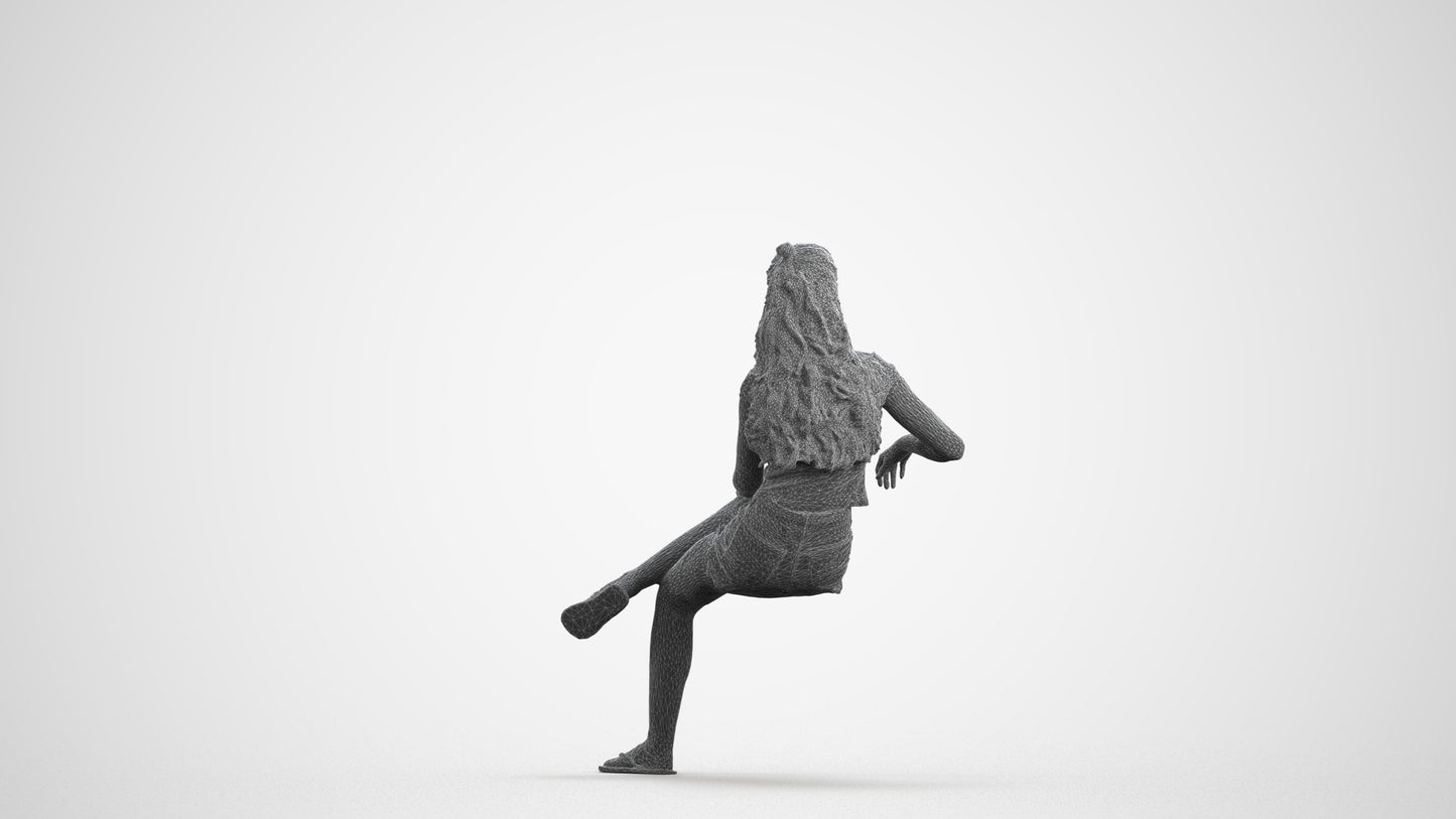 3D people model girl casual sitting, scanned human for 3ds Max rendering, wireframe front view