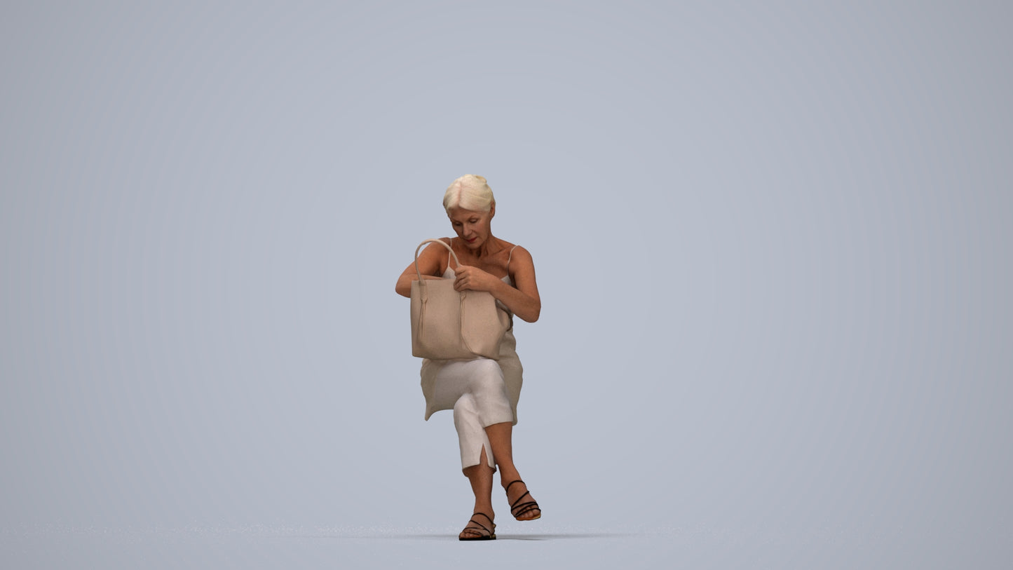 3D scanned senior woman sitting casual, photorealistic archviz people for Enscape and SketchUp, top-down view render
