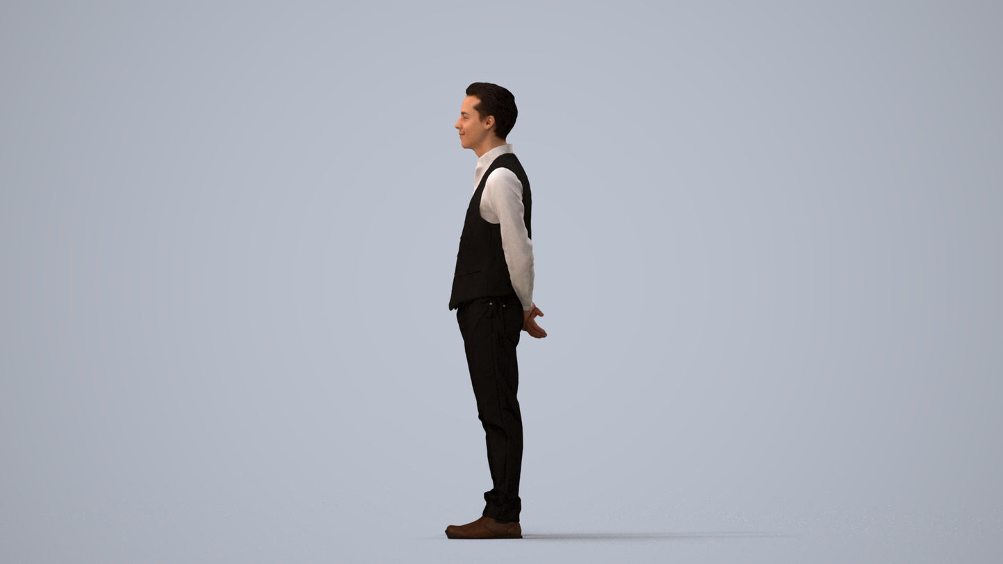 3D people model man hospitality, scanned human for 3ds Max rendering, three-quarter view render