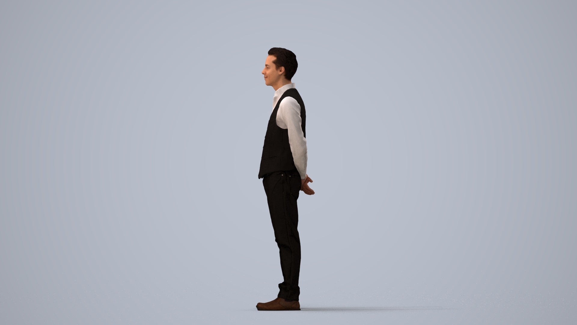 3D people model man hospitality, scanned human for 3ds Max rendering, three-quarter view render