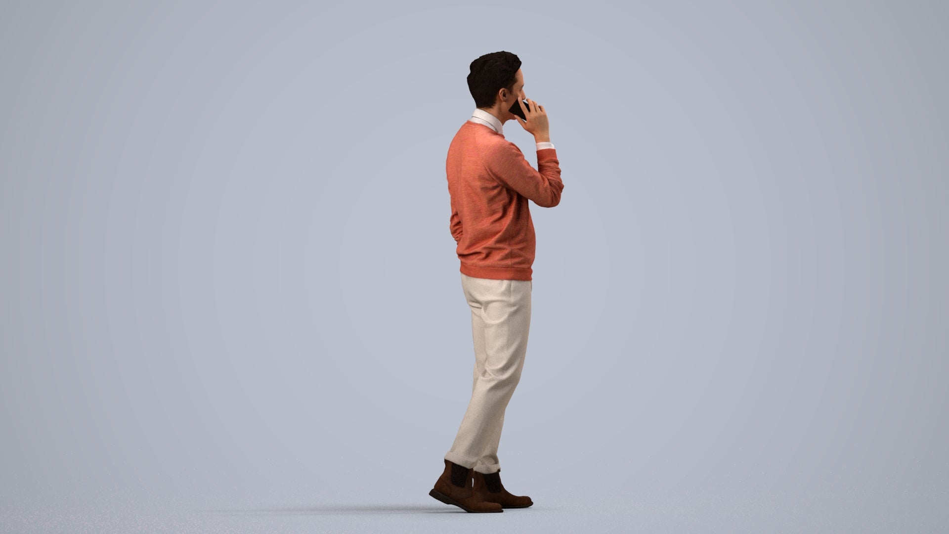 3D human model man casual walking, photogrammetry scanned person for archviz, side view render