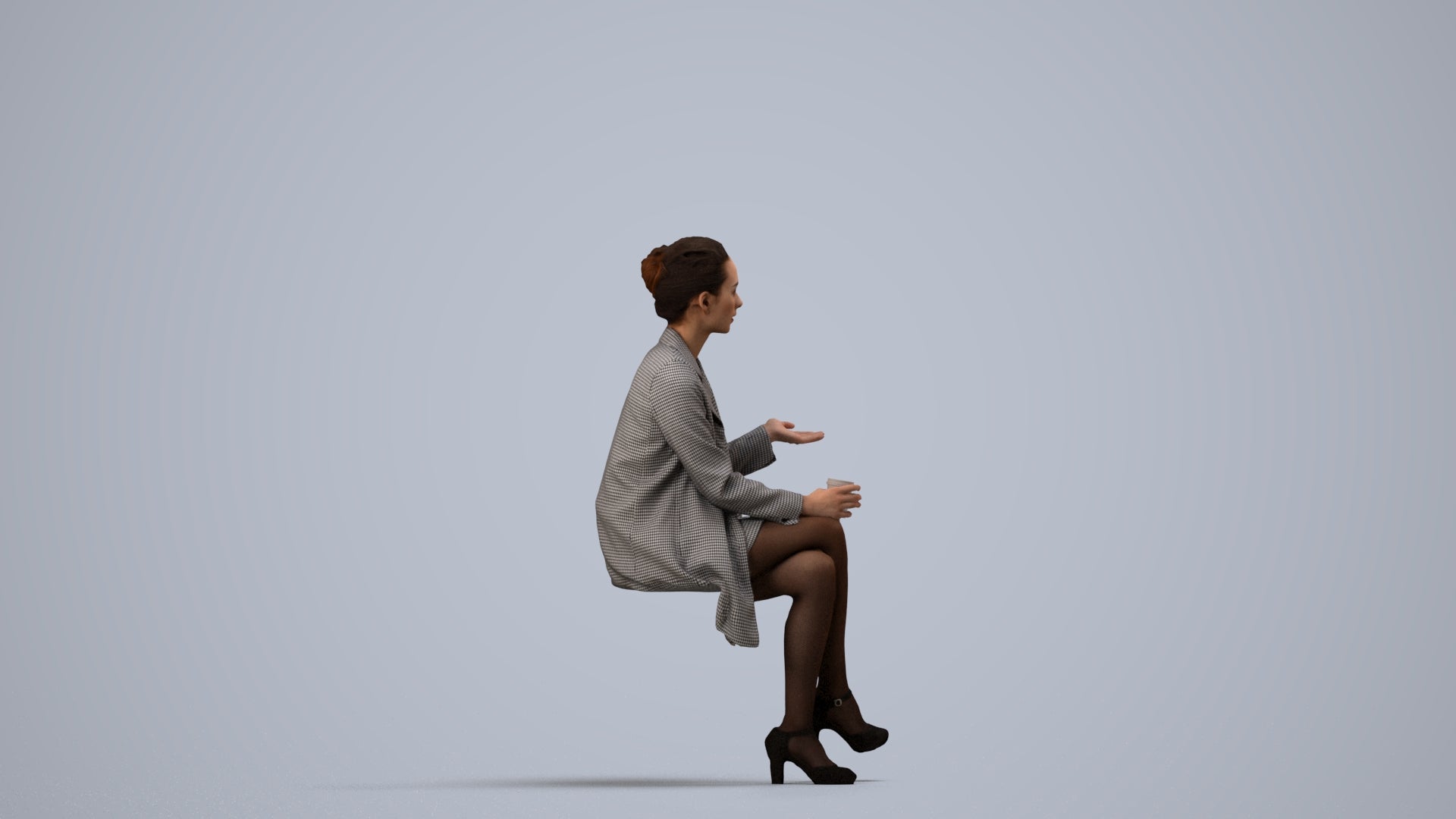 realistic 3D woman business sitting, scanned archviz people for Blender and 3ds Max, side view render