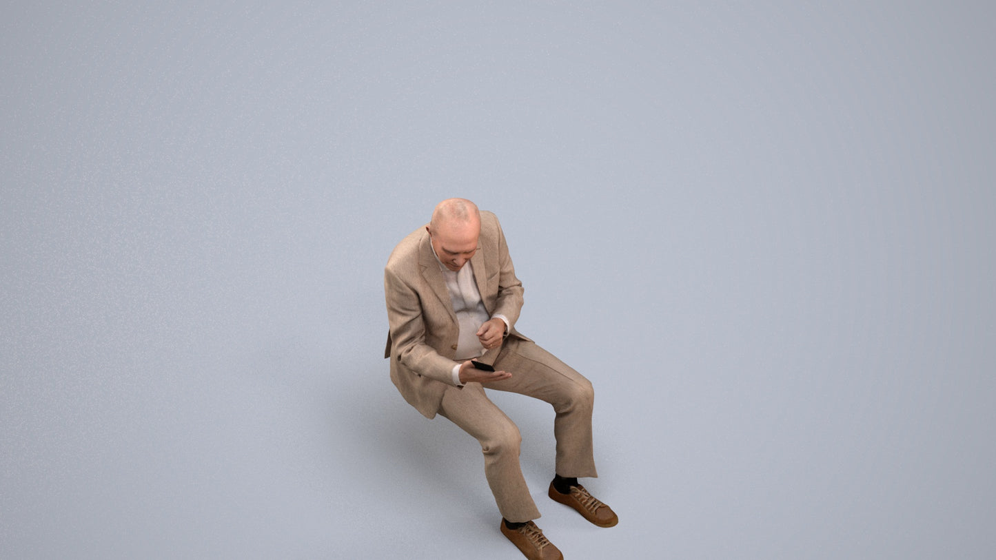 realistic 3D senior man business sitting, scanned archviz people for Blender and 3ds Max, back view render