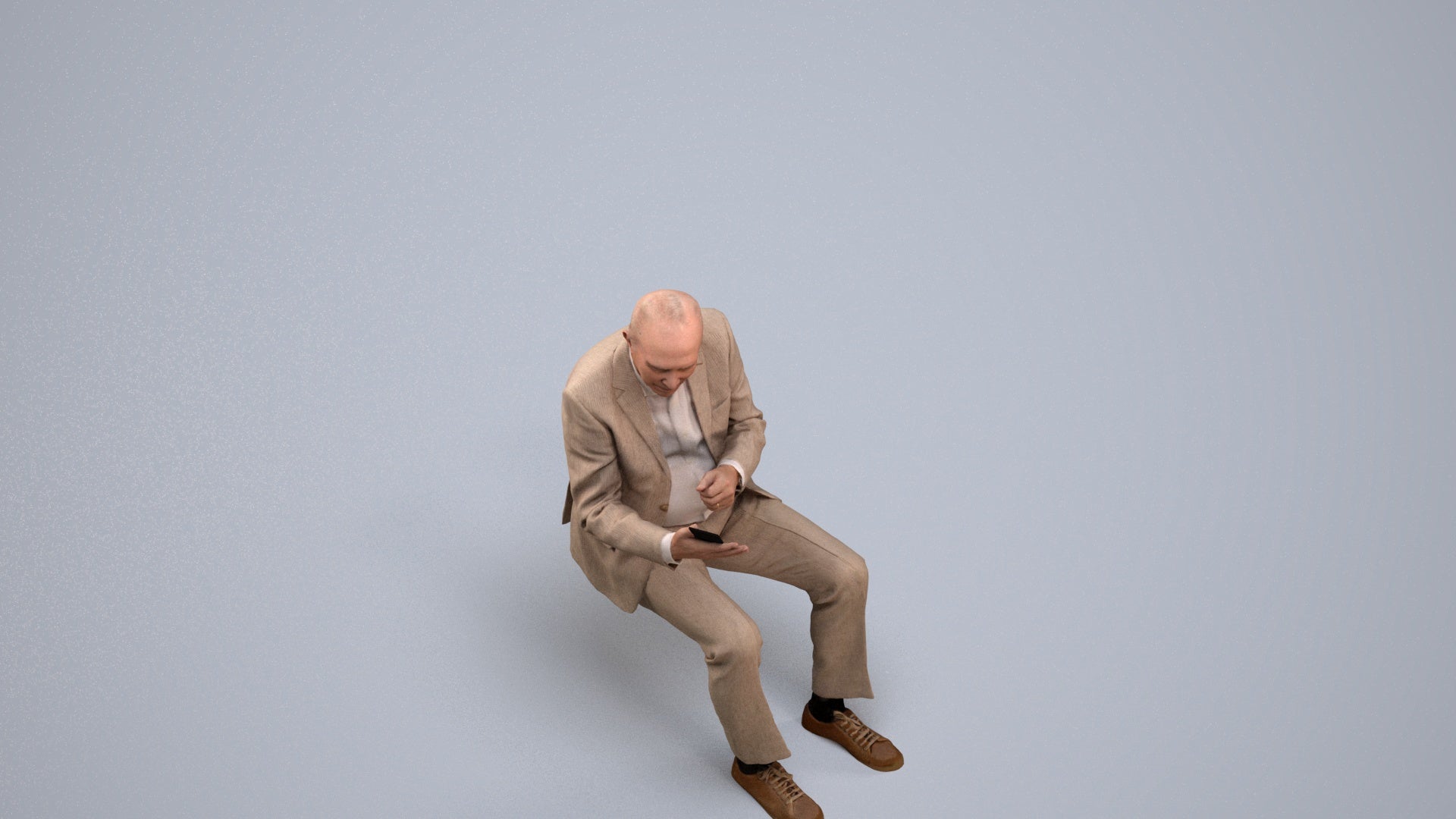 realistic 3D senior man business sitting, scanned archviz people for Blender and 3ds Max, back view render