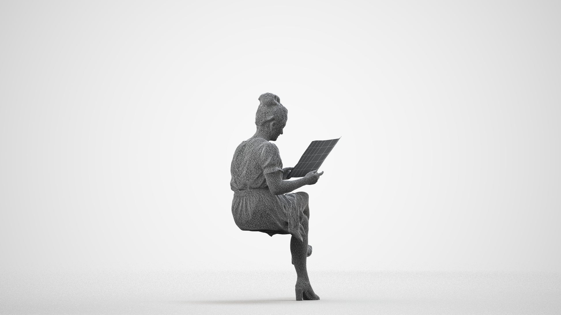 photogrammetry 3D woman casual sitting, realistic human model archviz FBX, wireframe side view