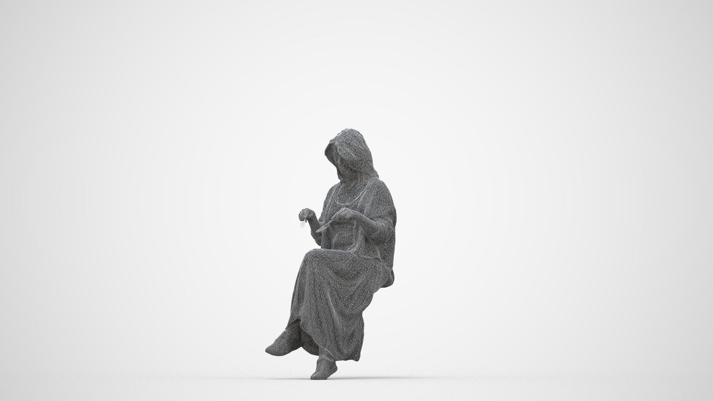 3D scanned woman sitting casual, photorealistic archviz people for Enscape and SketchUp, wireframe back view