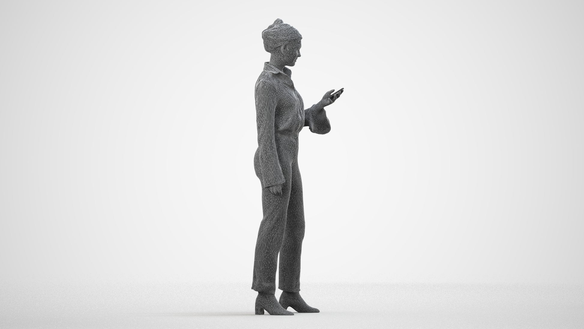 realistic 3D woman business standing, scanned archviz people for Blender and 3ds Max, wireframe side view