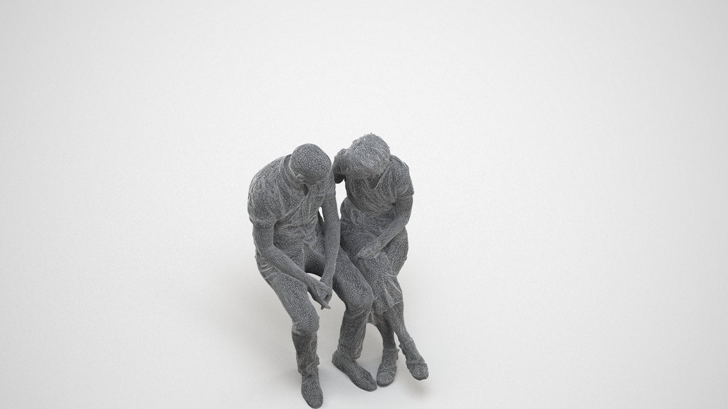 realistic 3D senior woman casual couple, scanned archviz people for Blender and 3ds Max, wireframe three-quarter view