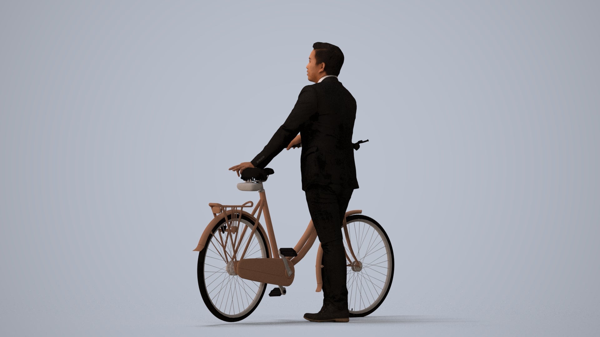 photogrammetry 3D man business cycling, realistic human model archviz FBX, three-quarter view render