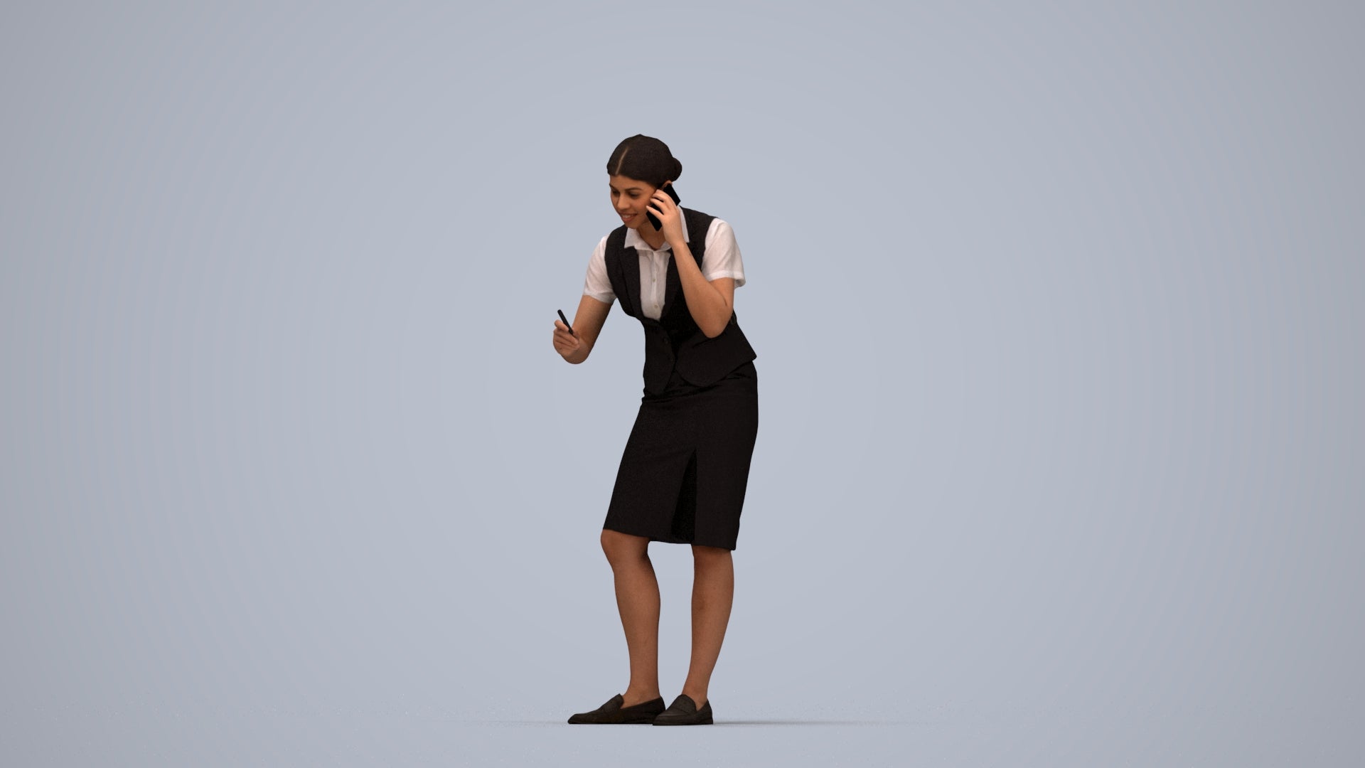 realistic 3D woman hospitality, scanned archviz people for Blender and 3ds Max, top-down view render