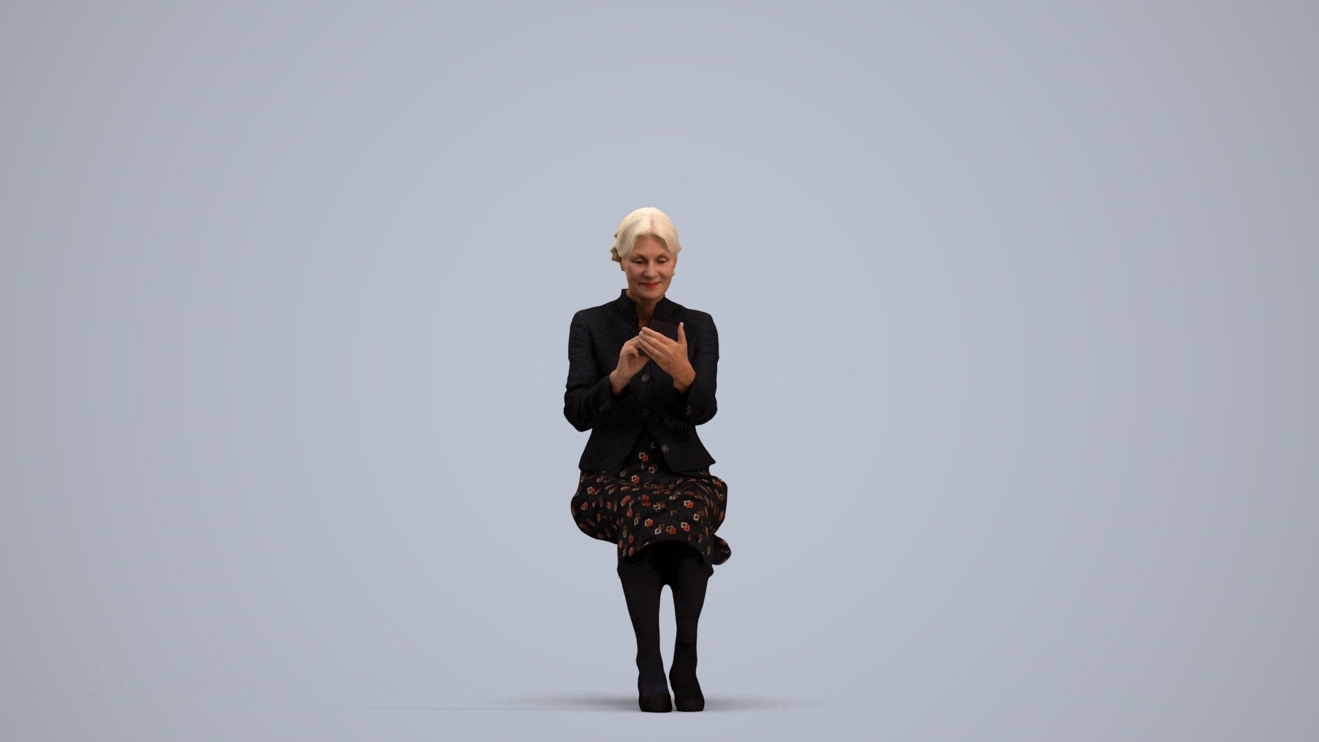 3D human model senior woman business sitting, photogrammetry scanned person for archviz, standing pose render