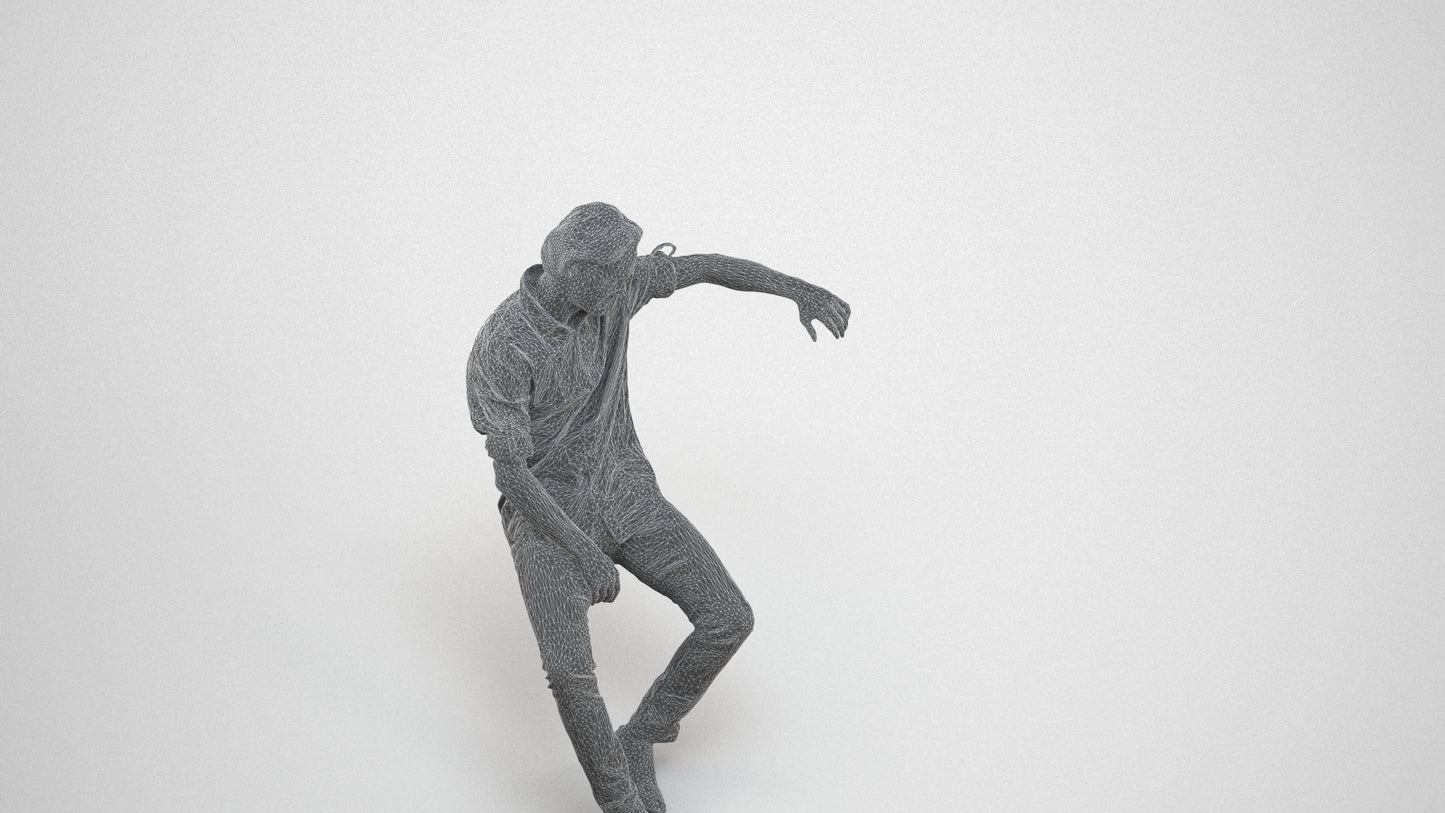 3D human model man casual sitting, photogrammetry scanned person for archviz, wireframe three-quarter view