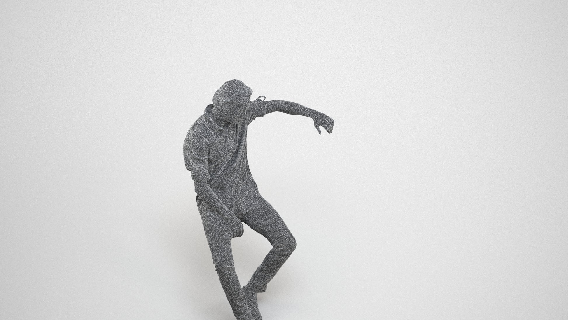 3D human model man casual sitting, photogrammetry scanned person for archviz, wireframe three-quarter view