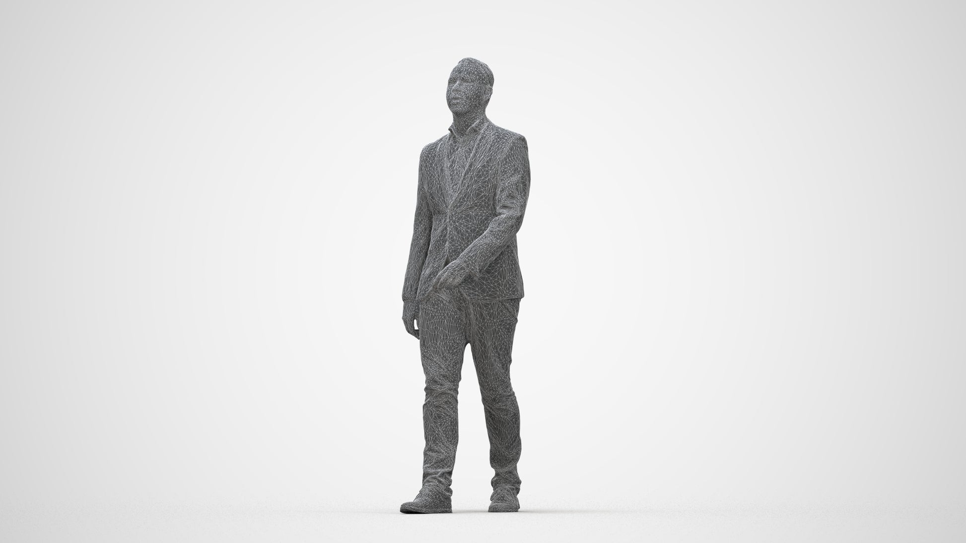 3D human model man business walking, photogrammetry scanned person for archviz, wireframe back view
