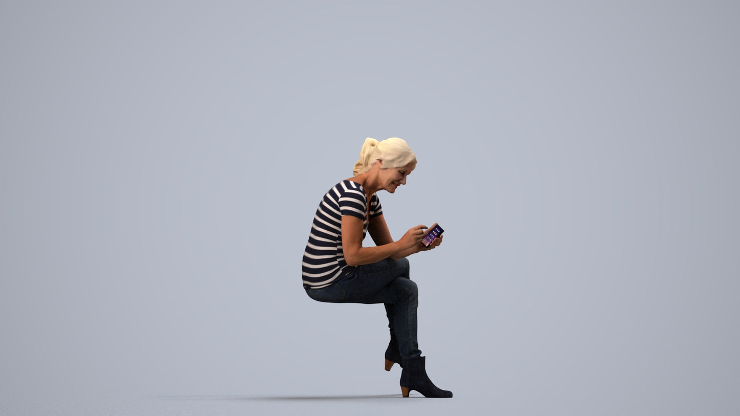 realistic 3D human senior woman casual sitting, archviz people FBX OBJ for Blender, side view render