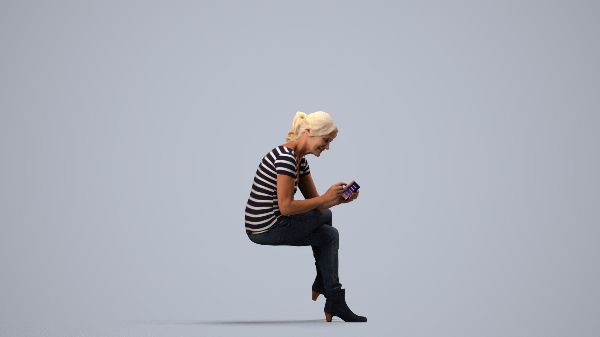 realistic 3D human senior woman casual sitting, archviz people FBX OBJ for Blender, side view render