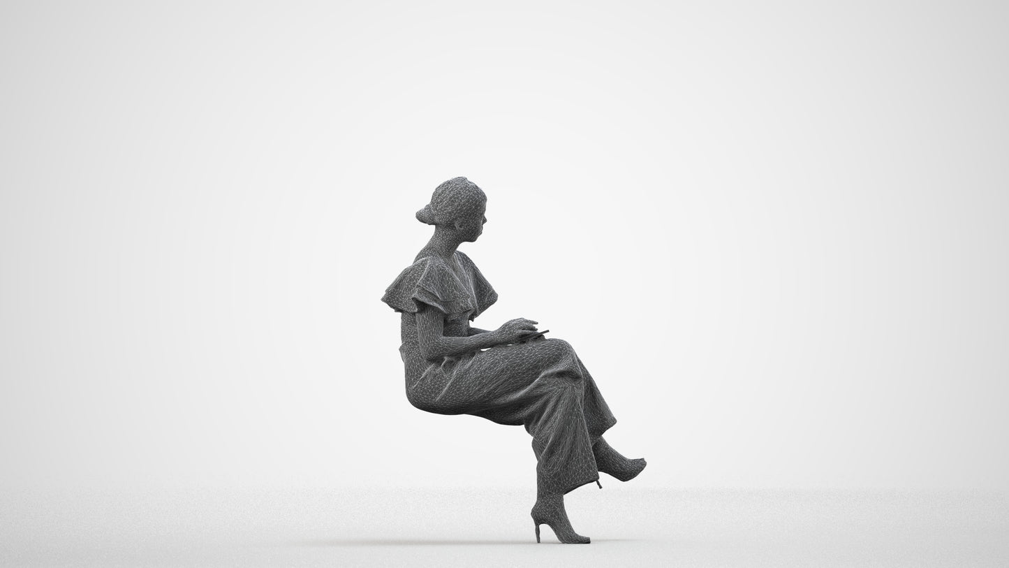 realistic 3D woman business sitting, scanned archviz people for Blender and 3ds Max, wireframe side view