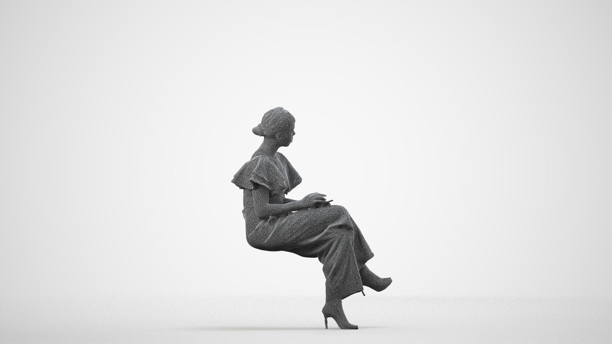 realistic 3D woman business sitting, scanned archviz people for Blender and 3ds Max, wireframe side view
