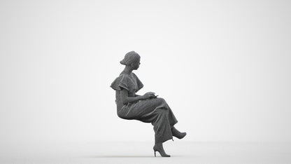 realistic 3D woman business sitting, scanned archviz people for Blender and 3ds Max, wireframe side view
