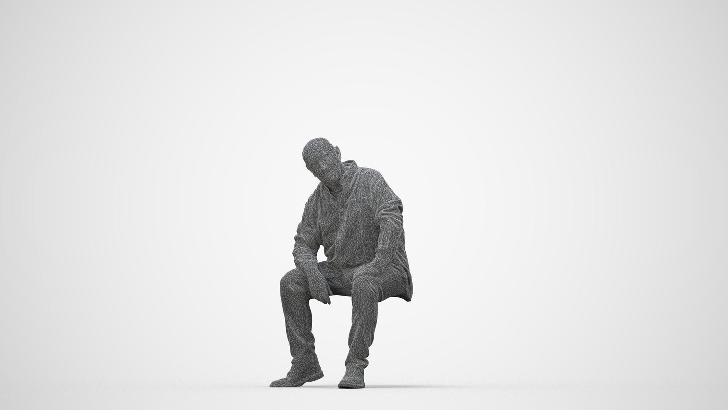 realistic 3D people senior man casual sitting, render-ready for V-Ray and Corona, FBX OBJ, wireframe back view