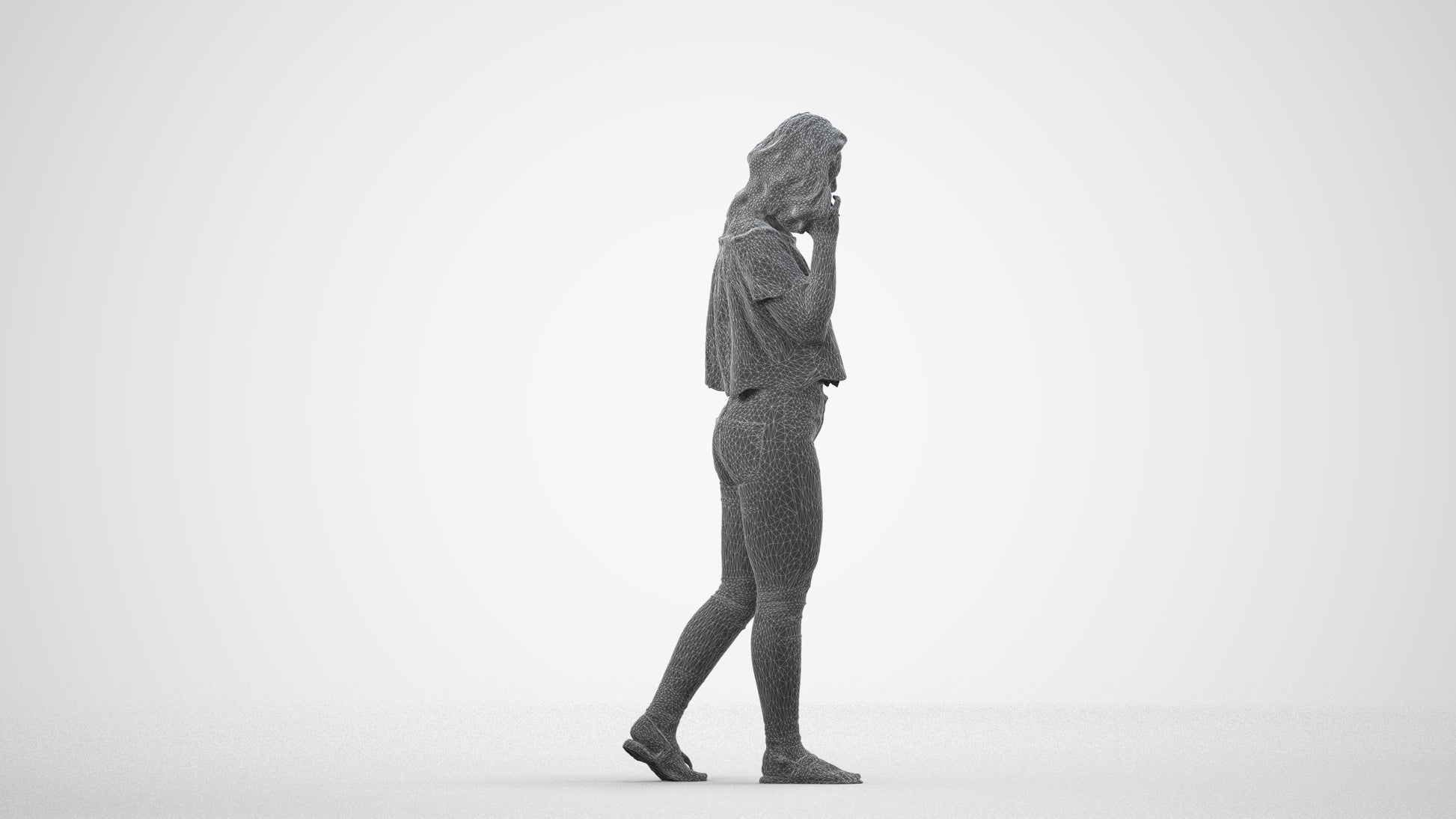 realistic 3D woman casual walking, scanned archviz people for Blender and 3ds Max, wireframe side view