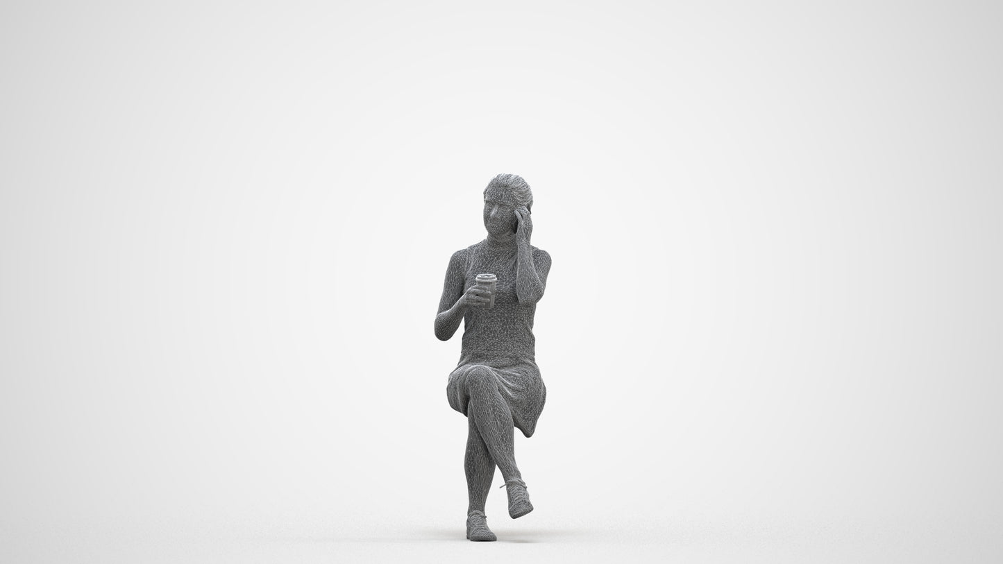 scanned 3D woman casual sitting, photogrammetry people for Enscape and V-Ray, three-quarter front view render