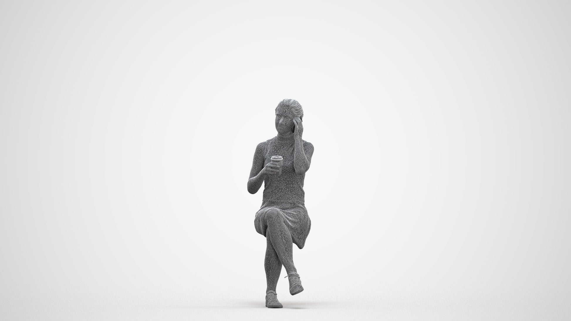 scanned 3D woman casual sitting, photogrammetry people for Enscape and V-Ray, three-quarter front view render