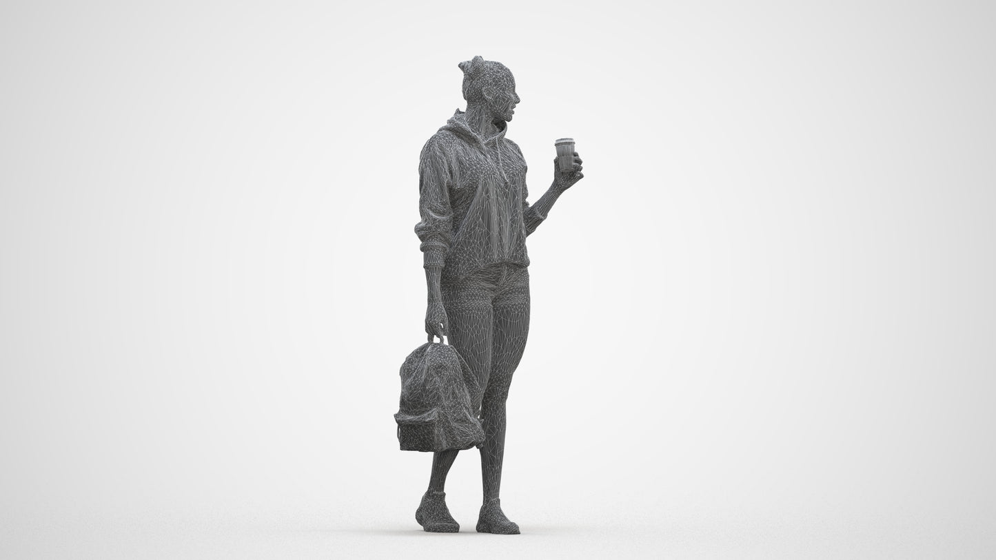 realistic 3D woman casual walking, scanned archviz people for Blender and 3ds Max, three-quarter front view render