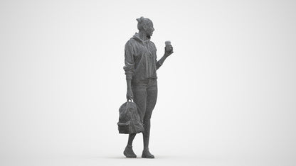 realistic 3D woman casual walking, scanned archviz people for Blender and 3ds Max, three-quarter front view render