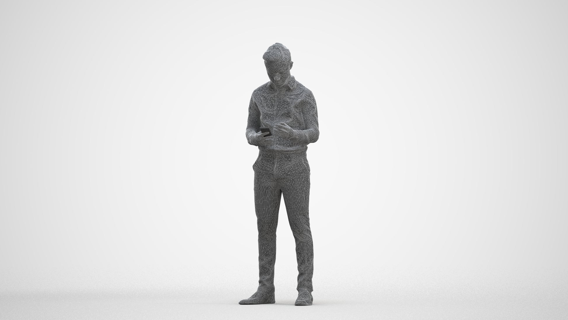 3D human model boy business kids, photogrammetry scanned person for archviz, three-quarter front view render