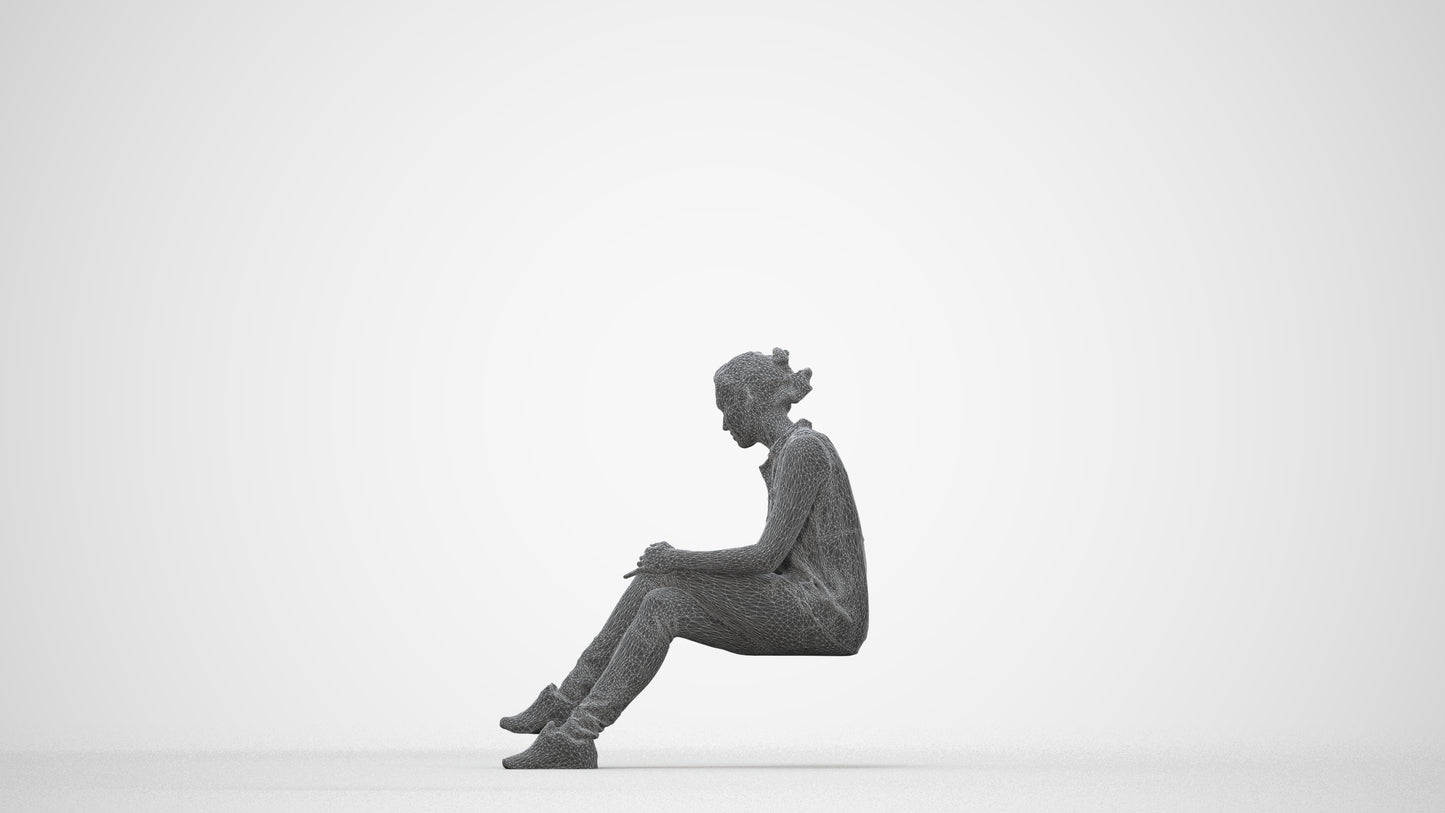 realistic 3D people woman casual sitting, render-ready for V-Ray and Corona, FBX OBJ, wireframe back view