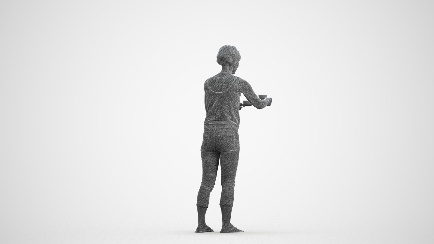 scanned 3D senior woman casual standing, photogrammetry people for Enscape and V-Ray, wireframe front view