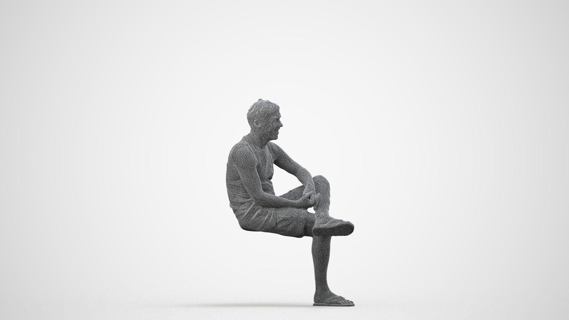 3D people model man casual sitting, scanned human for 3ds Max rendering, wireframe side view
