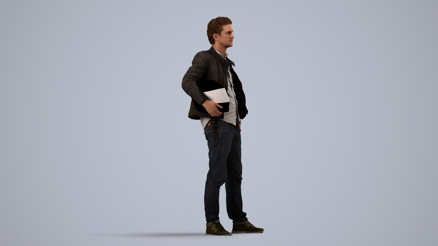 3D human model man casual standing, photogrammetry scanned person for archviz, side view render