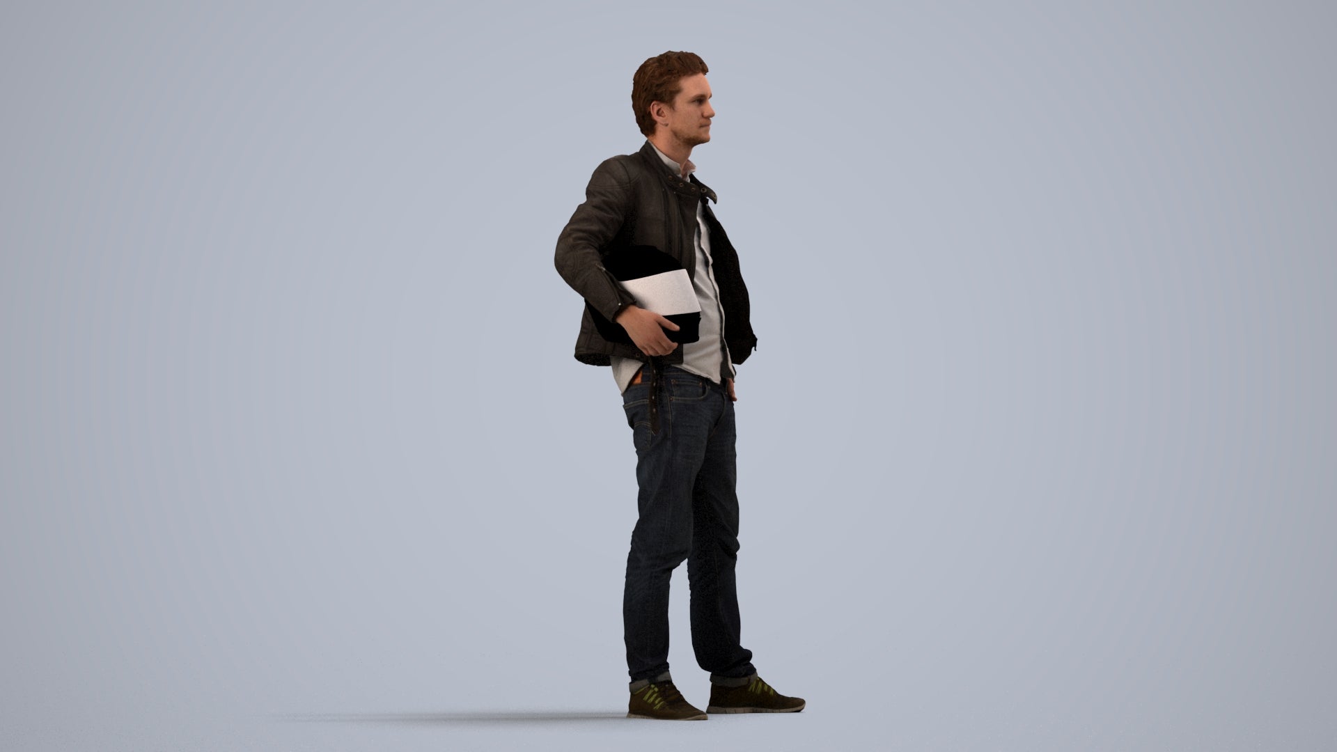3D human model man casual standing, photogrammetry scanned person for archviz, side view render
