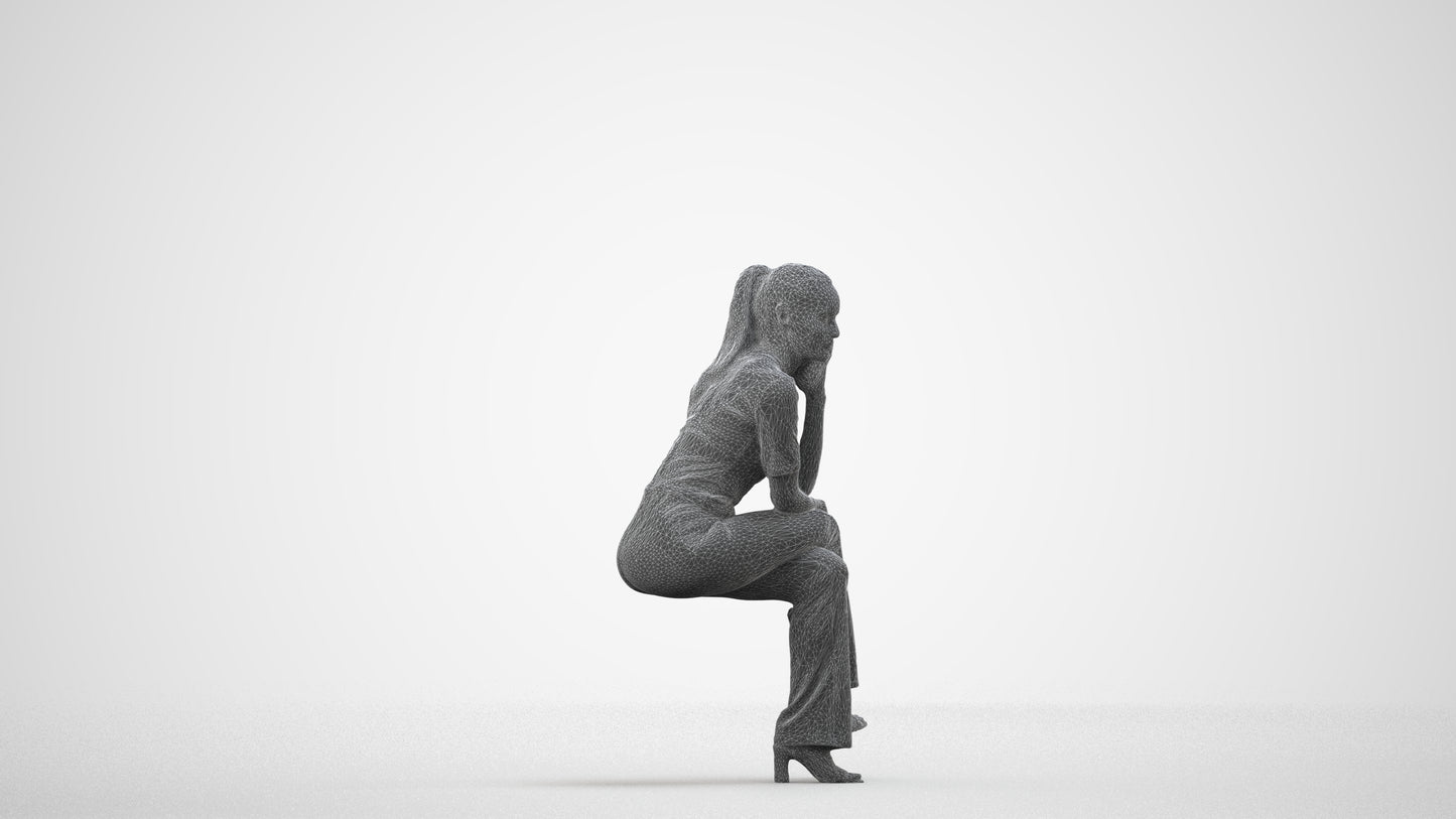 3D people model woman casual sitting, scanned human for 3ds Max rendering, wireframe side view