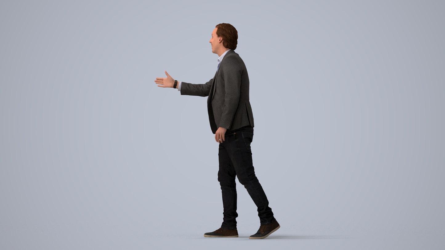 realistic 3D human man business, archviz people FBX OBJ for Blender, three-quarter view render