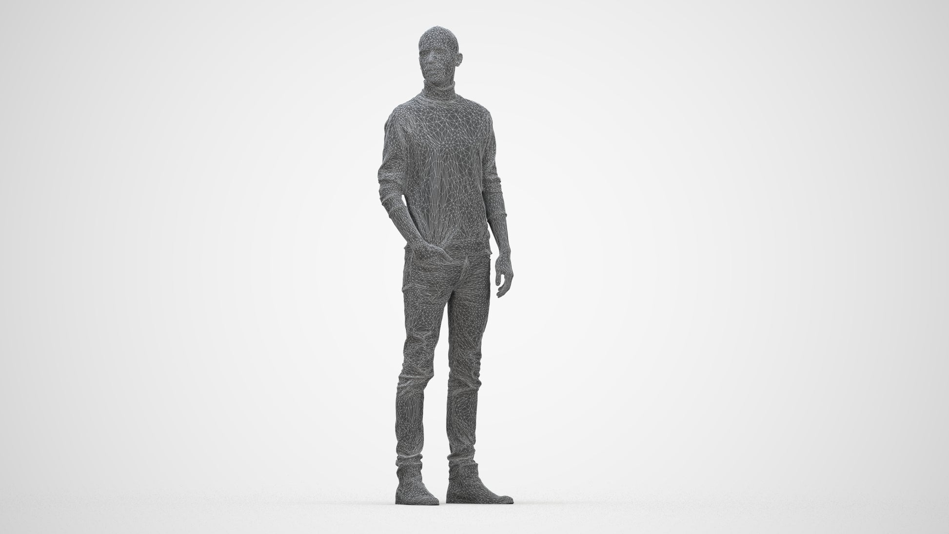 photogrammetry 3D man casual standing, realistic human model archviz FBX, wireframe back view