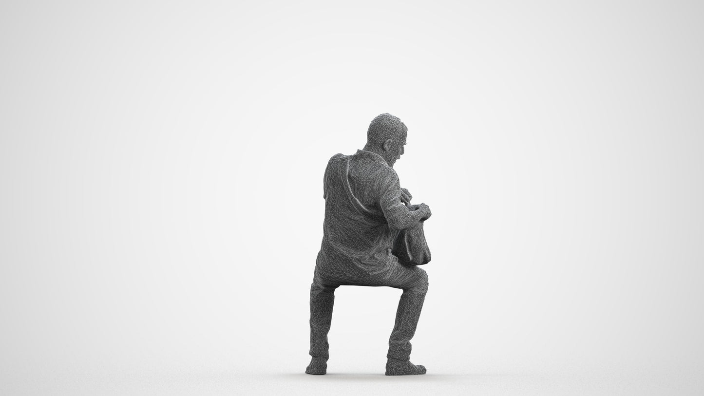 realistic 3D human senior man casual sitting, archviz people FBX OBJ for Blender, wireframe front view