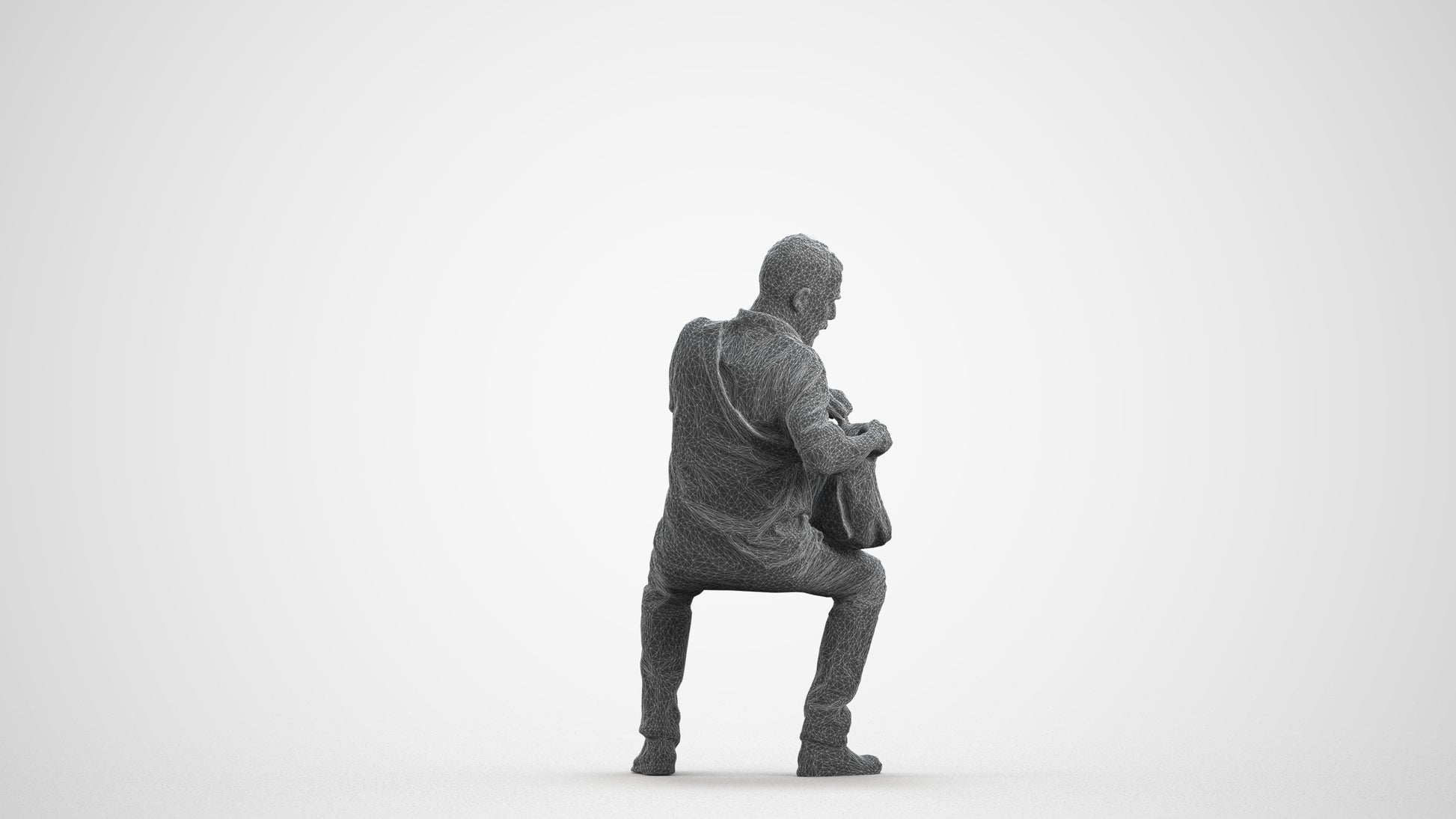 realistic 3D human senior man casual sitting, archviz people FBX OBJ for Blender, wireframe front view