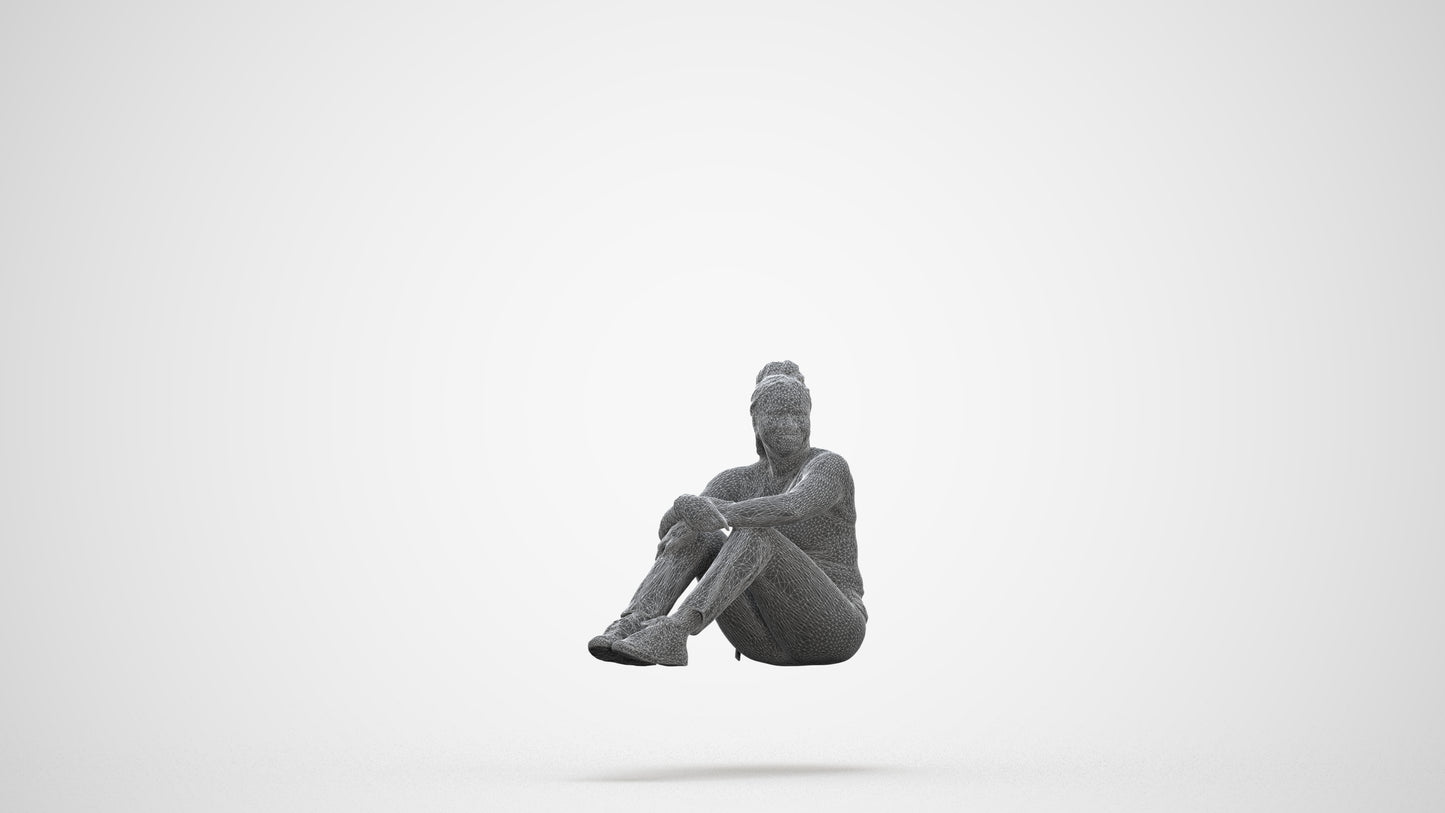 photogrammetry 3D woman casual sitting, realistic human model archviz FBX, three-quarter front view render