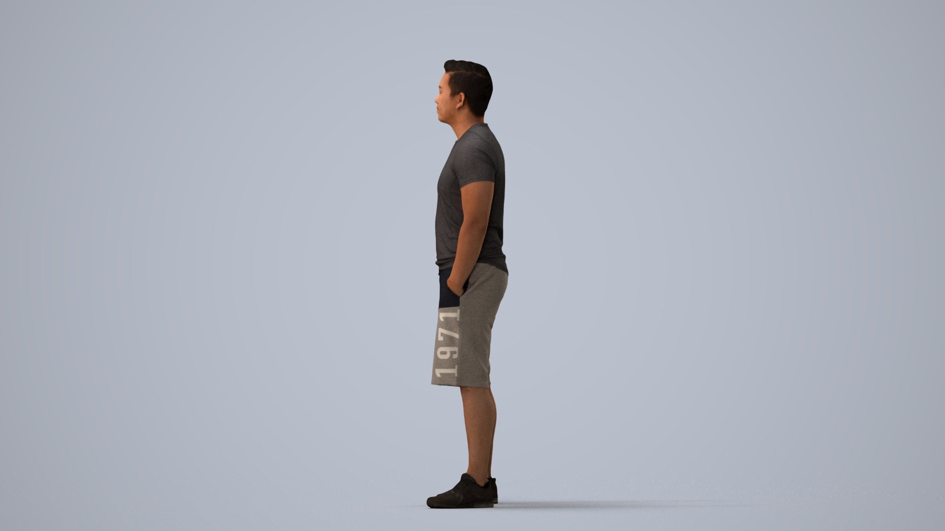 3D people model man sport standing, scanned human for 3ds Max rendering, three-quarter view render