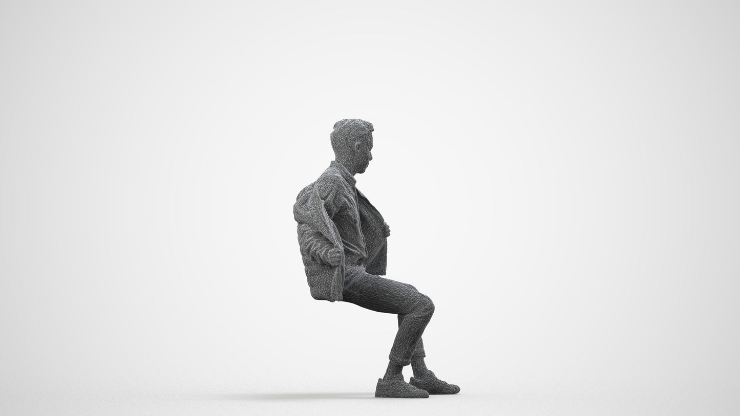 realistic 3D man casual sitting, scanned archviz people for Blender and 3ds Max, wireframe side view