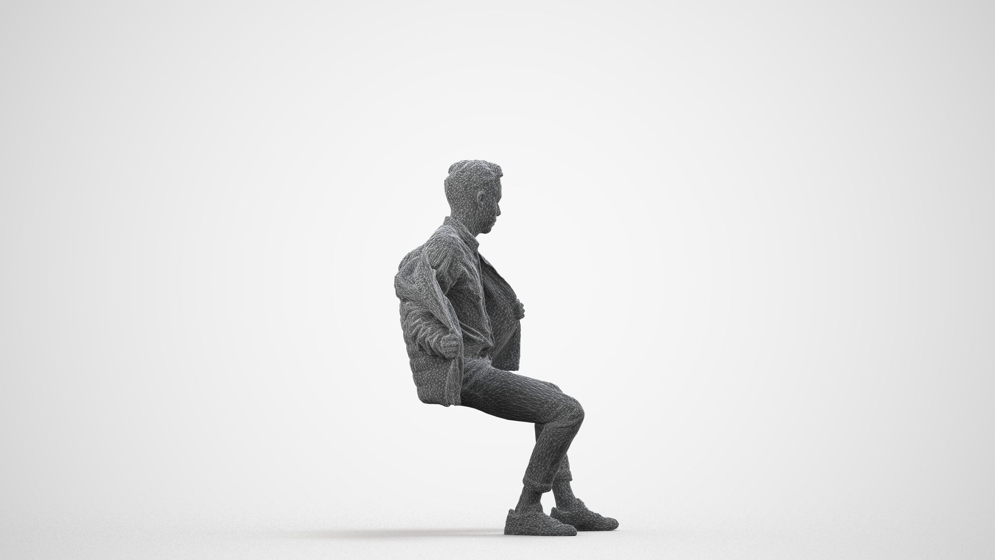 realistic 3D man casual sitting, scanned archviz people for Blender and 3ds Max, wireframe side view