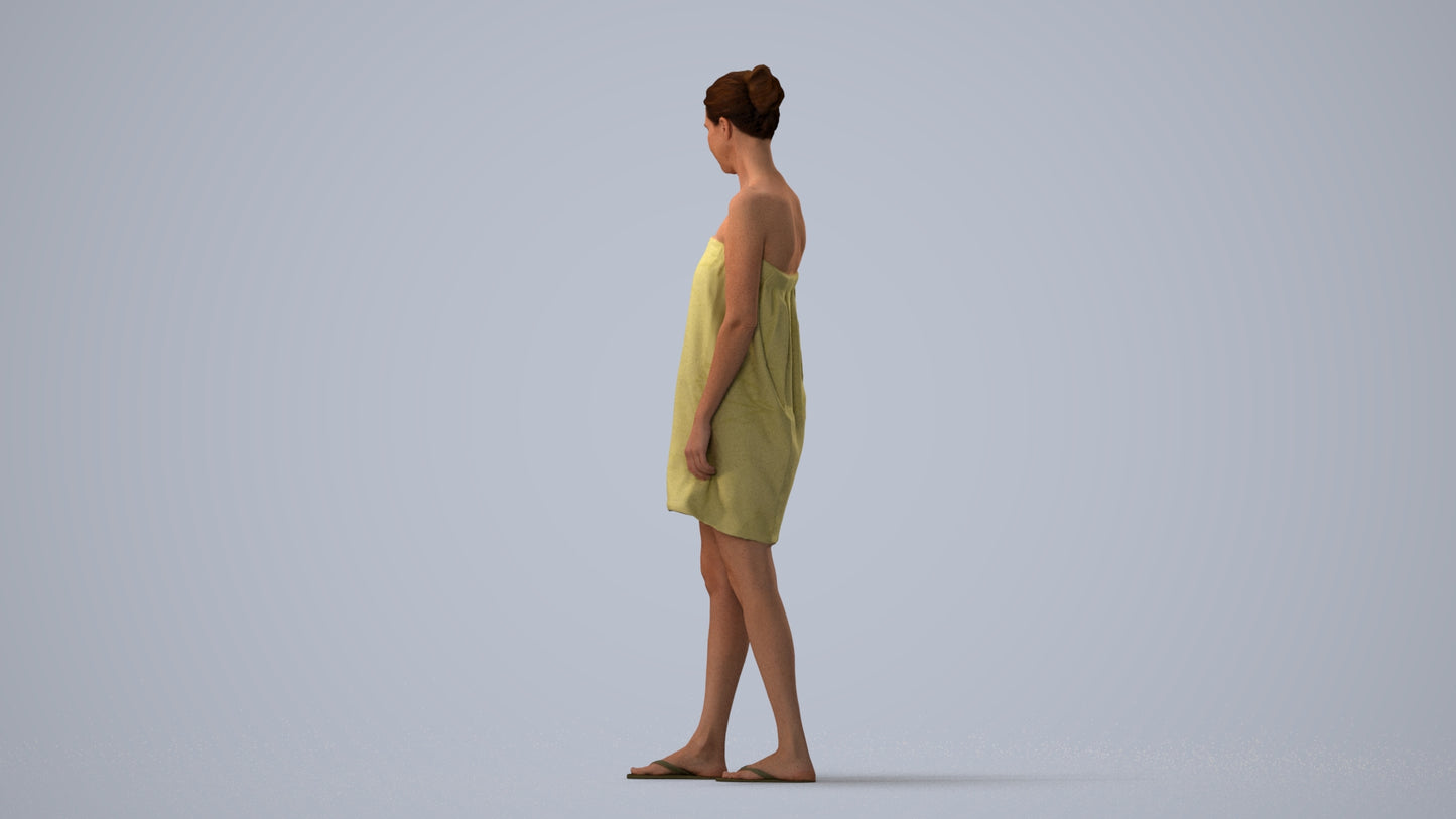 scanned 3D woman casual bathroom, photogrammetry people for Enscape and V-Ray, three-quarter view render
