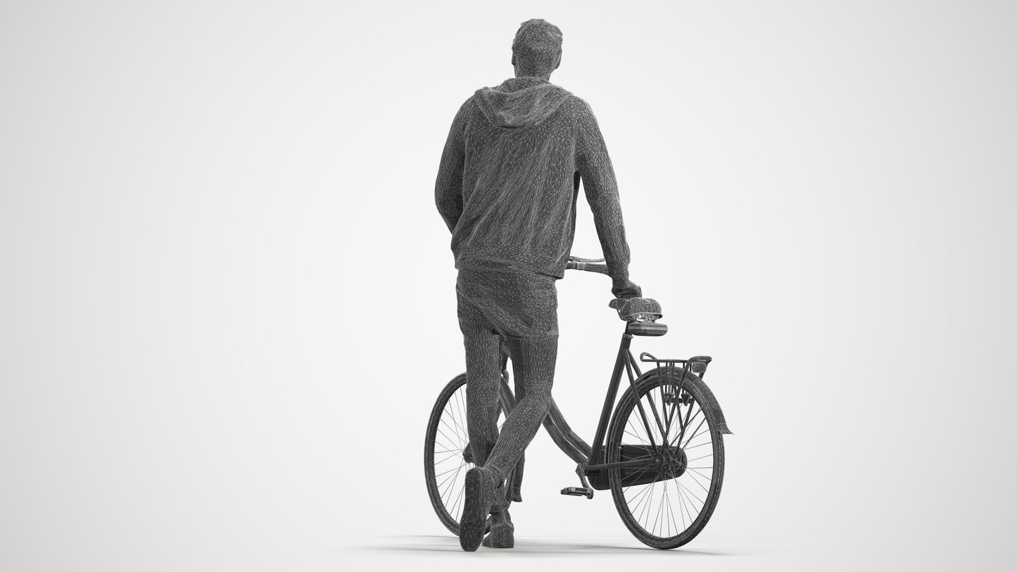 scanned 3D man casual cycling, photogrammetry people for Enscape and V-Ray, wireframe front view