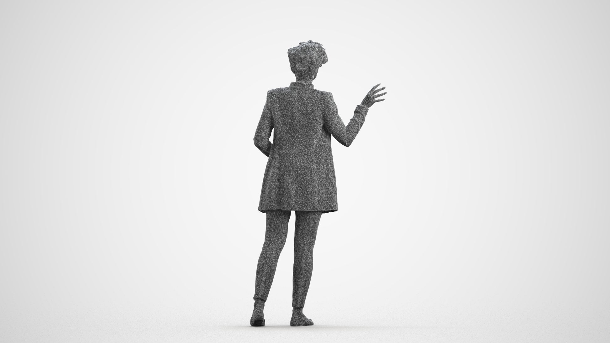 3D human model woman business, photogrammetry scanned person for archviz, wireframe front view
