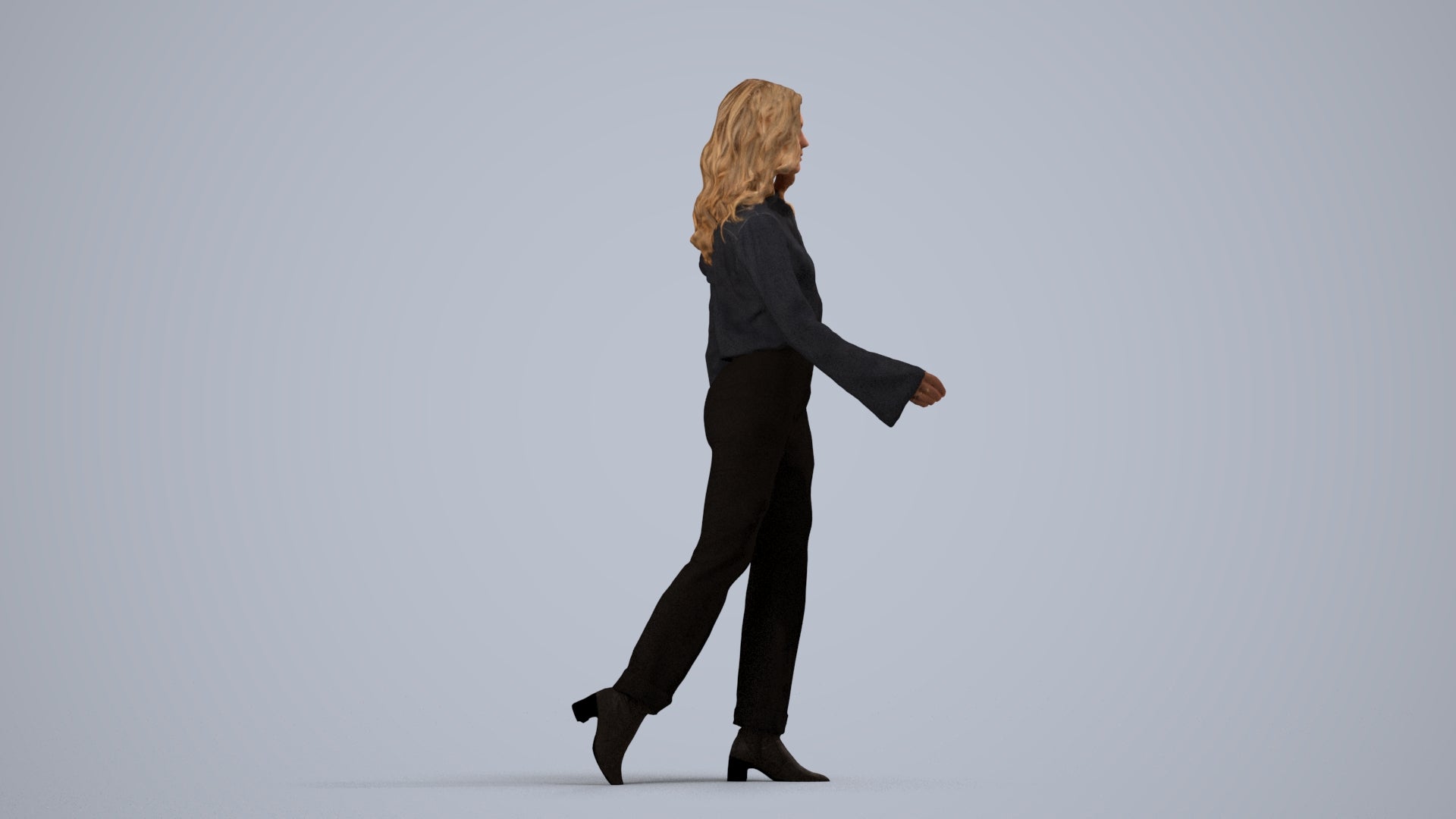 3D human model woman casual walking, photogrammetry scanned person for archviz, side view render