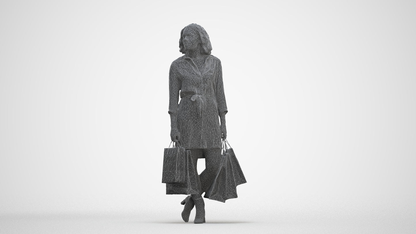 3D human model woman casual shopping, photogrammetry scanned person for archviz, three-quarter front view render