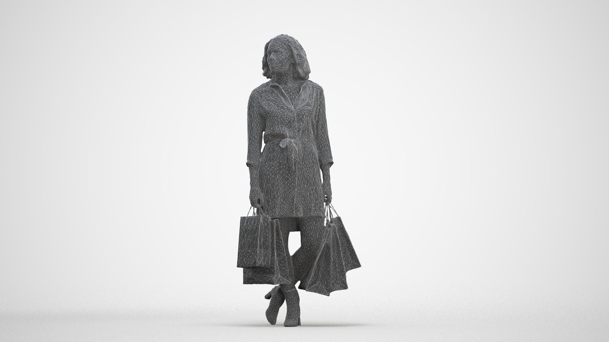 3D human model woman casual shopping, photogrammetry scanned person for archviz, three-quarter front view render